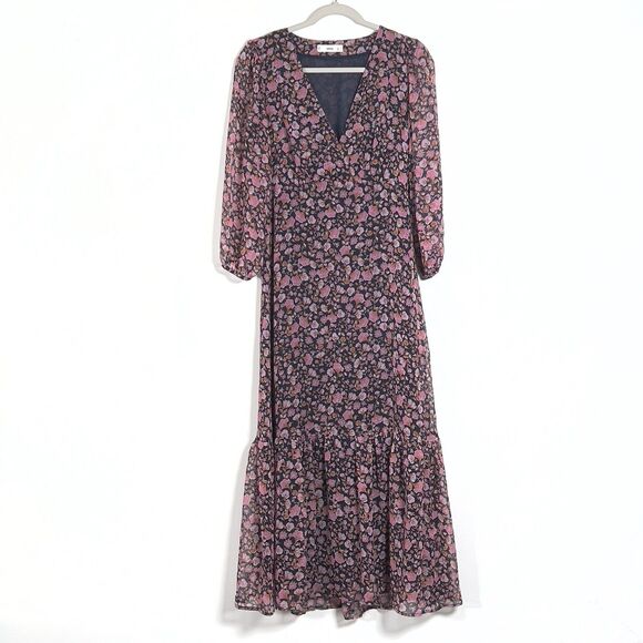 MNG By Mango V-Neck Maxi Dress Sz 4 XS Chiffon Floral Print 3/4 Sleeve - Picture 3 of 12